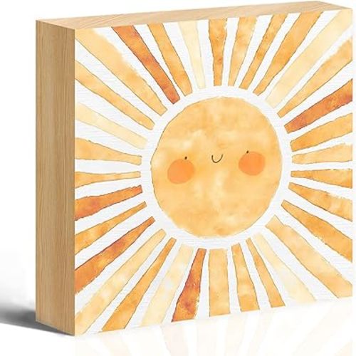 Sun Sunshine Inspirational Wood Box Sign Desk Decor, Smiles Sun, 5 x 5Inch Motivational Box Sign Rustic Decoration For Home Office Shelf Table, Gift for Coworker Friend-A01