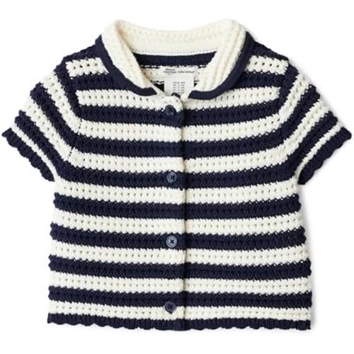 Amazon Essentials x Sofia Grainge Toddlers and Baby Girls' Cotton Short Sleeve Button Front Sweater with Peter Pan Collar