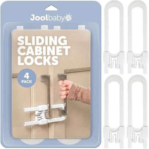 Jool Baby Sliding Cabinet Locks, U-Shaped Child Safety Locks for Babyproofing Cabinets, Refrigerator & More (4 Pack)