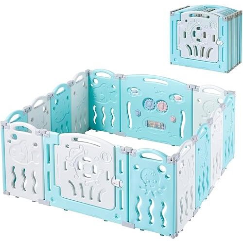 Albott Baby Fence Play Yard Baby Playpen 14 Panels - Kids Safety Play Center Yard Game Panel and Gate with Safety Lock Adjustable Shape for Children Toddlers Indoors or Outdoors 25 Sq Ft(Blue+White)