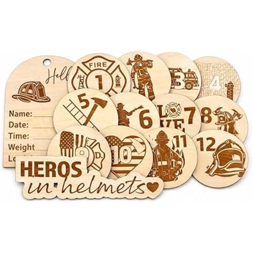 SM Design Baby Milestone Markers Set of 12 + Birth Announcement Sign | Monthly Baby Photo Props | First Year Milestones | Nursery Wall Decor | Occupation Theme (Firefighter)