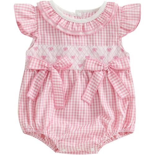 Newborn Baby Girl Summer Outfit Bow Smocked Bubble Romper Doll Collar Plaid Bodysuit Fly Sleeve Jumpsuit Clothes