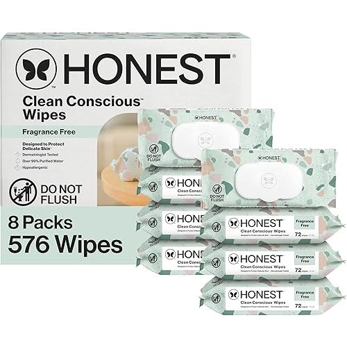 The Honest Company Clean Conscious Multi-Use Wipes, Unscented Hypoallergenic Baby Wipes for Sensitive Skin, 99% Water Plant-Based Compostable Wipes, Geo Mood, 576 Count