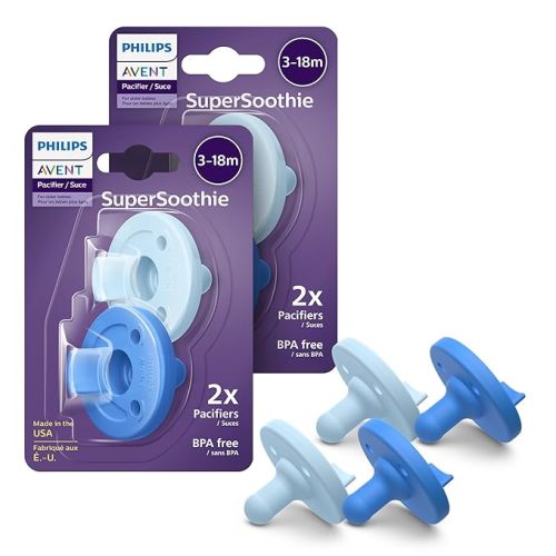 Philips Avent Soothie Orthodontic Baby Pacifiers, 100% Silicone Pacifiers, One Piece, BPA-Free, for Babies 3-18 Months, 2 Sky Blue and 2 Light Blue, 4 Pack, Model SCF192/71