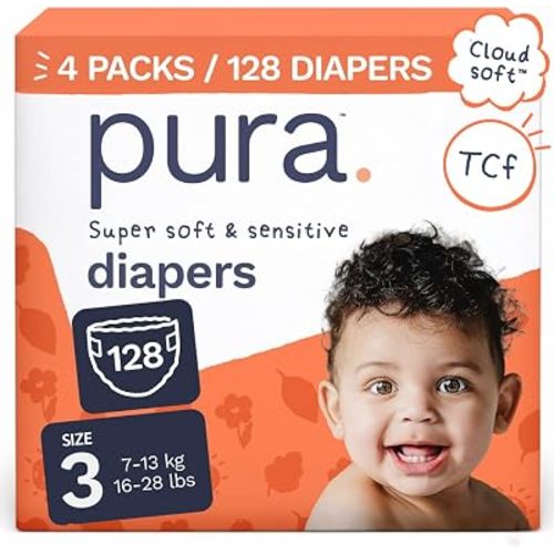 Pura Baby Diapers Size 3-128 Count, 16-28lbs, 12hr Leak Protection, Soft & Gentle Diapers for Hypoallergenic & Sensitive Baby Skin, Toxin-Free*, Organic Cotton, Blowout Blocker™, New Size Guide