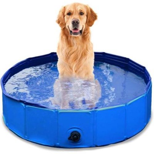 Zone Tech Foldable Pet Swimming Pool Blue Pet Pool With Drain Easy to Store Leakproof Tub for Indoor & Outdoor Great for Both Kids and Pets