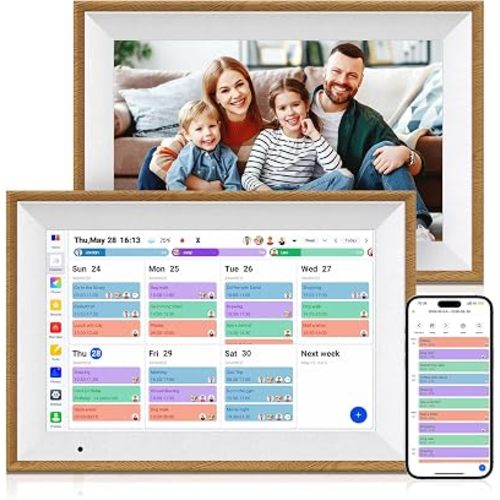 Digital Calendar, 10.1 Inch Electronic Calendar for Family Schedules, Smart Touchscreen Interactive Family Planner with Chore Chart, Meal Planner, Digital Picture Display, Gift for Mom Dad Mother (Wood Grain Color)