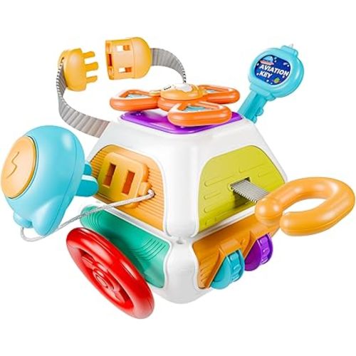 iPlay, iLearn 10 in 1 Baby Busy Board Cube, Montessori Sensory Toy Toddler 1-3, Infant Carseat Plane Travel, Kid Education Learning Activity, Birthday Gift 6 9 10 12 18 Month 1 2 Year Old Boy Girl