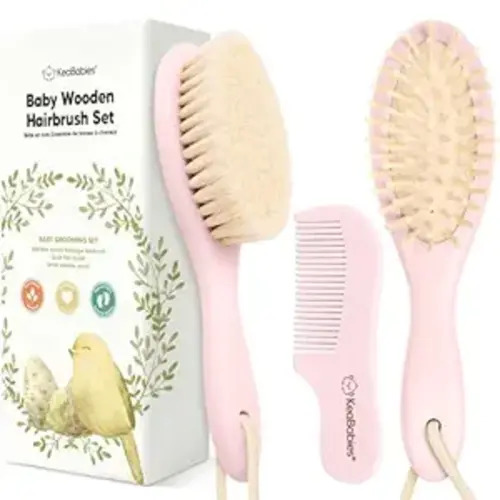 Wooden Baby Hair Brush Set for Newborns, Toddlers - Soft Goat Bristle Baby Brush and Comb Set Newborn Grooming Kit for Cradle Cap Care, Durable & Gentle, Boy, Girl Infant Essentials (Regular, Blush)