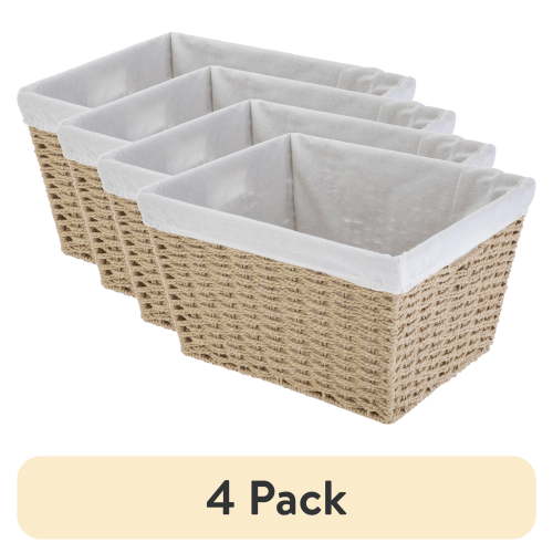 (4 pack) Mainstays Medium Tan Woven Paper Rope Decorative Storage Basket with Removable Liner, 13 in x 7.8 in x 9.8 in