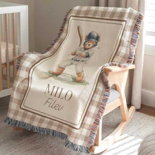 Personalized Nursery Baseball Boy Name Blanket, Vintage Teddy Bear Baby Woven Throw Blanket, Custom Kids Sports Gift, Newborn name Keepsake