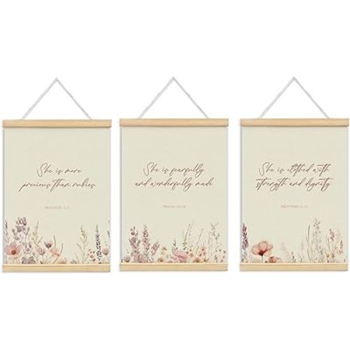 UYIKG Christian Wall Decor, Wildflower Christian Nursery Wall Art Poster Hanger Frame, Pink Floral Bible Verse Scripture Canvas Prints Framed Wall Decor for Girls Room Nursery, 12x16 Inch Set of 3