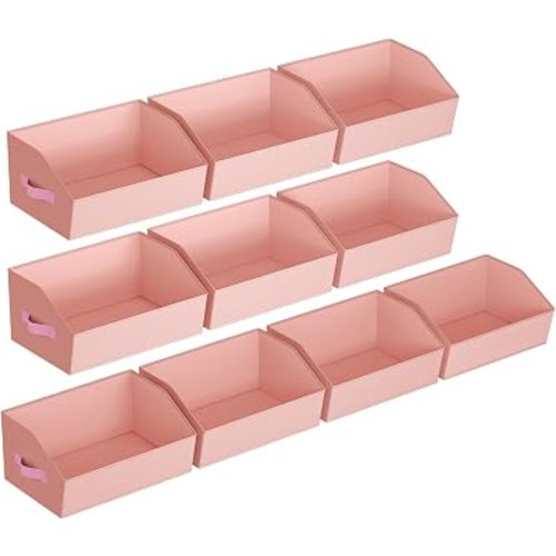 Homsorout Closet Baskets for Shelves Trapezoid - Decorative Storage Baskets with Handle, Closet Bins for Organization, Shelf Storage Bins for Clothes, Books, Home, Office, 10 Pack, Pink