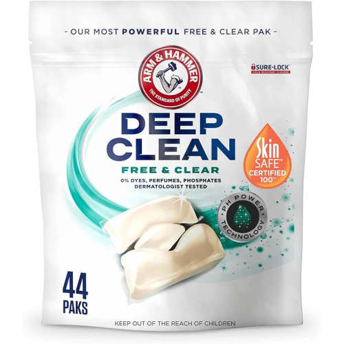 ARM & HAMMER Deep Clean Free & Clear Power Paks Concentrated Laundry Detergent, Free of Dyes, Perfumes and Phosphates, Dermatologist Tested, 44 Count