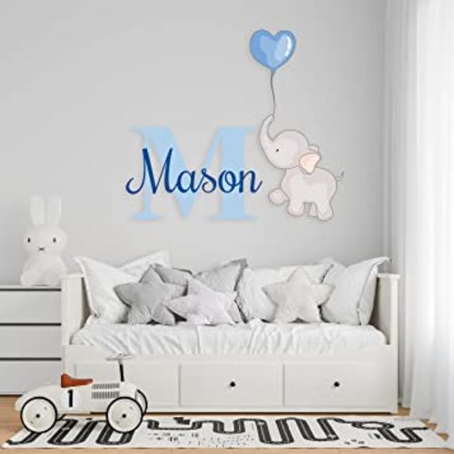 Elephant Wall Stickers - Name & Initial - Prime Series - Baby Girl or Boy - Custom Name & Initial - Nursery Wall Decal for Baby Room Decorations - Mural Wall Decal Sticker