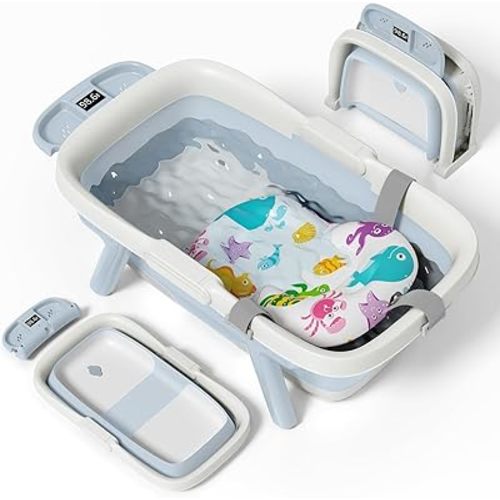 Collapsible Baby Bathtub, Large Infant Bath Tub with Thermometer & Cute Soft Cushion for Newborn to 36-Month Toddlers, Storage and Non-Slip Feet Design, Baby Bath Gift (Blue)