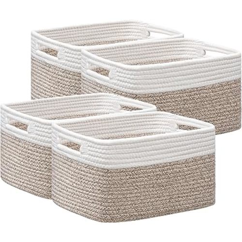 UBBCARE 4 Pack Storage Basket for Shelves, Woven Baskets for Organizing, Durable Organizer Baskets Storage Bins for Bookshelf, Toys, Towels, Clothes, 13''Lx9''Wx7.5''H, White&Light Brown