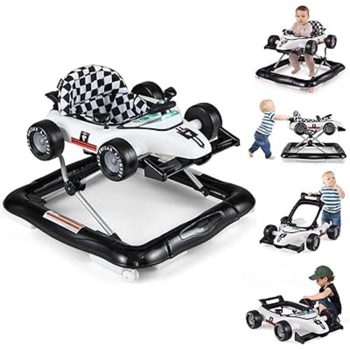 HONEY JOY Baby Walker, 4-in-1 Foldable Infant Activity Push Walker, Toddler Car Walker with Adjustable Heights, Music, Lights, Padded Seat, Baby Walker with Wheels for Boys Girls 6-18 Months (White)