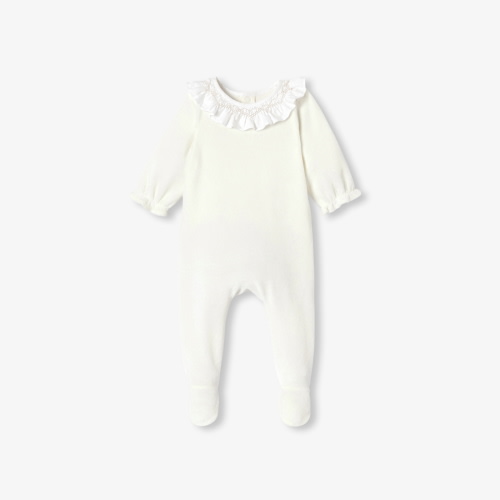 Baby girl velvet pajamas with a smocked collar