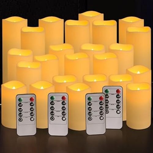 YOROXRG Set of 24 Waterproof Outdoor Flameless Candles, LED Candles with 4 Remote and Timer,(H 4" 5" 6" x D 2.2"),for Christmas,Halloween,Wedding,Festival