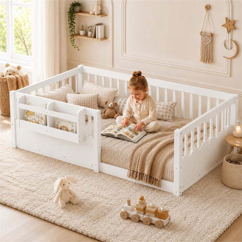 SESSLIFE Twin Floor Bed, Wooden Twin Size Montessori Floor Bed Frame with High Rails and Bookshelf, Easy Assemble Low Bed Frame for Girls and Boys, White