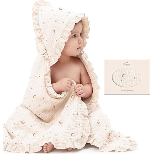 Konssy 100% Muslin Cotton Baby Hooded Towel, Soft Absorbent Bath Towel for Newborns, Infants and Toddlers, Baby Gift and Newborn Essentials with Lace Ruffle Hood