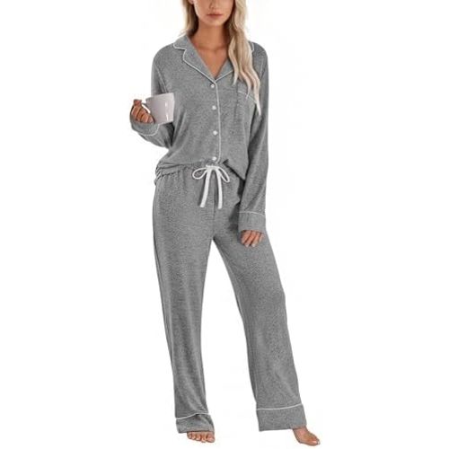 PJGGZ Womens Pajama Sets Long Sleeve, Soft Cozy Button Down Top & Drawstring Pants with Pockets 2 Piece Lounge Pjs S-XXL