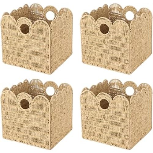 4 Pcs 12x12 Scalloped Wicker Storage Cubes - Woven Paper Rope Storage Baskets, Foldable Square Bins with Handles, Collapsible Containers for Shelves, Closets, 11.8×11.8×11.8"