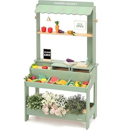 PairPear Wooden Mud Grocery Stand, 2-in-1 Outdoor Market Stand & Mud Kitchen for Kids Outdoor, Montessori Pretend Play Toy with 14 Accessories, Cash Register & Play Food, Ages 3+ in Green