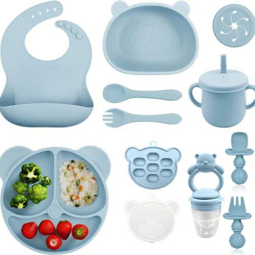 11 Pcs Silicone Feeding Set, Including Bear Plate, Bear Bowl, Bear Food Feeder Pouch, Bear Food Container With Lid And Ice Tray, Baby Bib, Water Droplet Cup (2 Cup Lids Included, Can Be Used As Snack Cup Or Sippy Cup), Silicone Long Fork, Silicone Ball-Sh