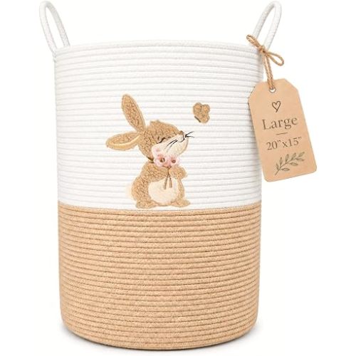 Bunny Baby Laundry Basket, Tall Woven Rope Nursery Hamper, 20x15 in
