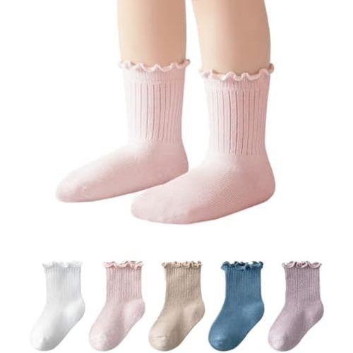 6M-5T Baby Toddler Little Girls Cute Ruffle Socks Cotton Toddler White Frilly Dress Kids Crew Socks 5 Pack