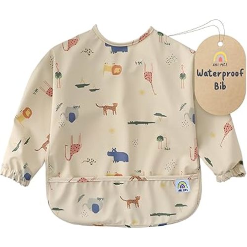 ARI MES Waterproof Long Sleeve Baby Bib for Eating-Animals Pattern, Medium-Toddler Smock with Catch-All Pocket, BPA Free, Machine Washable, Wearable Feeding Bib for Boys & Girls 6-72 Months