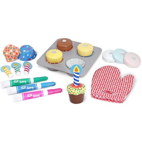 Melissa & Doug Bake & Decorate Wooden Cupcake Kit, with Play Food, Toppings & Play Kitchen Accessories, Preschool Learning Toys for Girls & Boys 3+