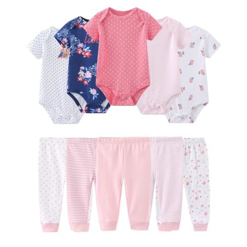 Baby Bodysuit and Pant Set Cotton Ribbed Mix Infant Girl Clothes | Unisex newborn summer outfits 10-pcs,neutral and sweet style mixed bundle gift clothing set
