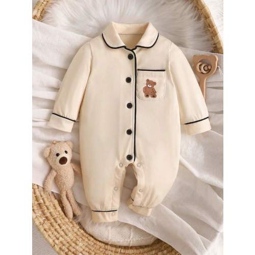 SHEIN Baby Girl Knitted Soft Comfortable Shirt Collar Jumpsuit With Bear Pattern And Snap Closure Long Sleeve Home Outfit | SHEIN USA