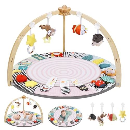 Baby Play Mat Activity Gym,6 Developmental Zones Tummy Time Mat, Foldable Wooden Baby Play Gym with 7 Detachable Sensory Toys for Newborn Brain Development, Essential Baby Shower Set