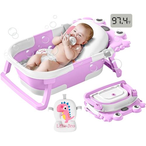 Collapsible Baby Bathtub for Infants to Toddler with Real-time Temp Monitor+Floating Cushion,Foldable Baby Bath Tub Set Applicable 0-36 Month,Portable Travel Bathtub for Newborns Girl (Purple)