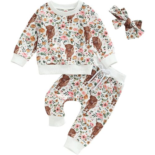 3Pcs Baby Girl Outfits Daisy Sweatshirt + Pants + Headband Infant Fall Winter Clothes
