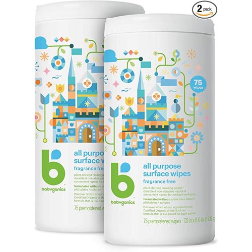 Babyganics All Purpose Surface Wipes, Fragrance Free, 75 Count (Pack of 2), Plant Based and Non-Abrasive, No Ammonia, No Bleach