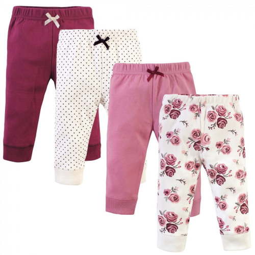 Hudson Baby Infant and Toddler Girl Cotton Pants 4pk, Rose, 0-3 Months