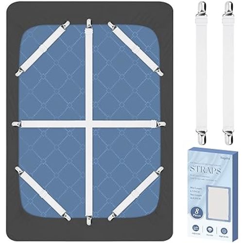 Bed Sheet Fasteners, 8 Pcs Adjustable Max Stretches to 26.8 in Holder Straps Non Slip Straps with Clips to Keep Sheets Firm & Tight, Universal & White