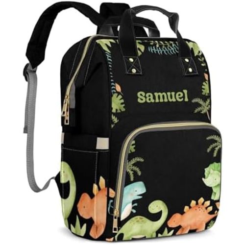 Personalized Diaper Bag with Name, Custom Cute Green Dinosaur Theme Bag, Black Monogram Nappy Backpack with Thermal Pockets for Adults, Large Capacity Waterproof Diaper Bag