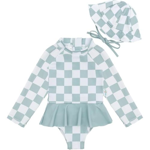 babygoal Infant Baby Girl One-Piece Swimsuit Long Sleeve Rash Guard with Hat for UPF 50+ Sun Protection
