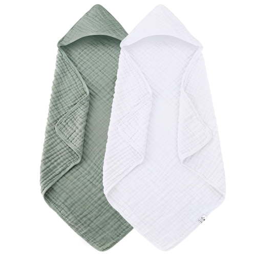 Yiliangx 2 Packs Hooded Baby Towels - Muslin Cotton for Newborns, Infants, Toddlers - Large 31x31'' - Highly Absorbent and Essential,(Green+White)