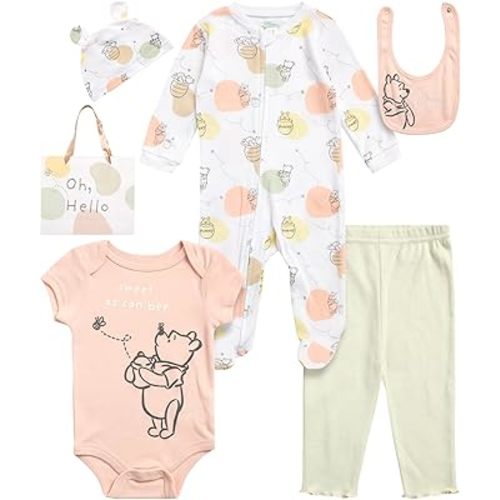 Disney Newborn Baby Girl Boy Clothes - 7 Piece Mickey Mouse Winnie the Pooh Bib Onesie Overall Beanie Pants Gift Bag Gift Set