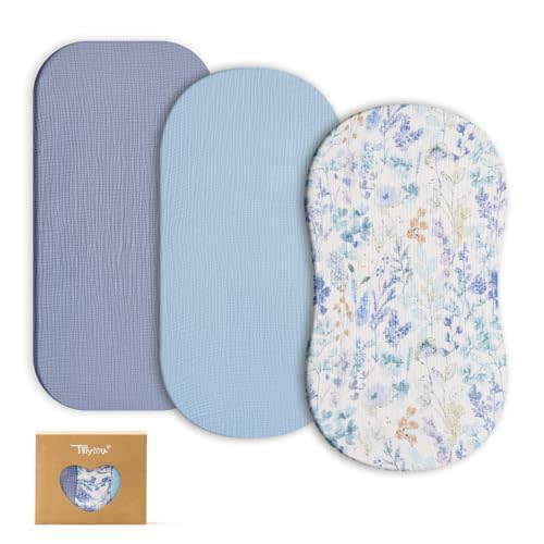 TILLYOU Muslin Bassinet Sheets for Baby Boys Girls 3 Pack, Soft Breathable Elastic Cotton Bassinet Mattress Sheets, Fit Hourglass Oval Rectangle Cradle Mattress, 33"X17",Blue Flower