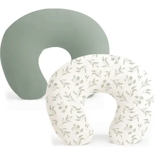 Konssy 2 Pack Nursing Pillow Covers, Stretchy and Soft Nursing Cover for Breastfeeding Pillows, Pillow Slipcover for Baby Girls Boys Newborn (Green, Green Leaves)