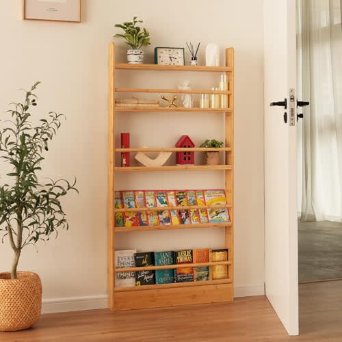 Kids Bookshelf, 5 Tier Shelves Behind The Door Book Shelf Storage, Children's Bamboo Bookcase Space- Saving, Wall Mount Bookshelf for Bedroom, Living Room(Natural Bamboo)