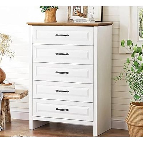 Marsail 5 Drawer Dresser for Bedroom, Modern Farmhouse Wood Wide Chest of Drawers, Storage Dressers Organizer with Anti-Slip Kit for Living Room, Bedroom & Hallway, Wood White